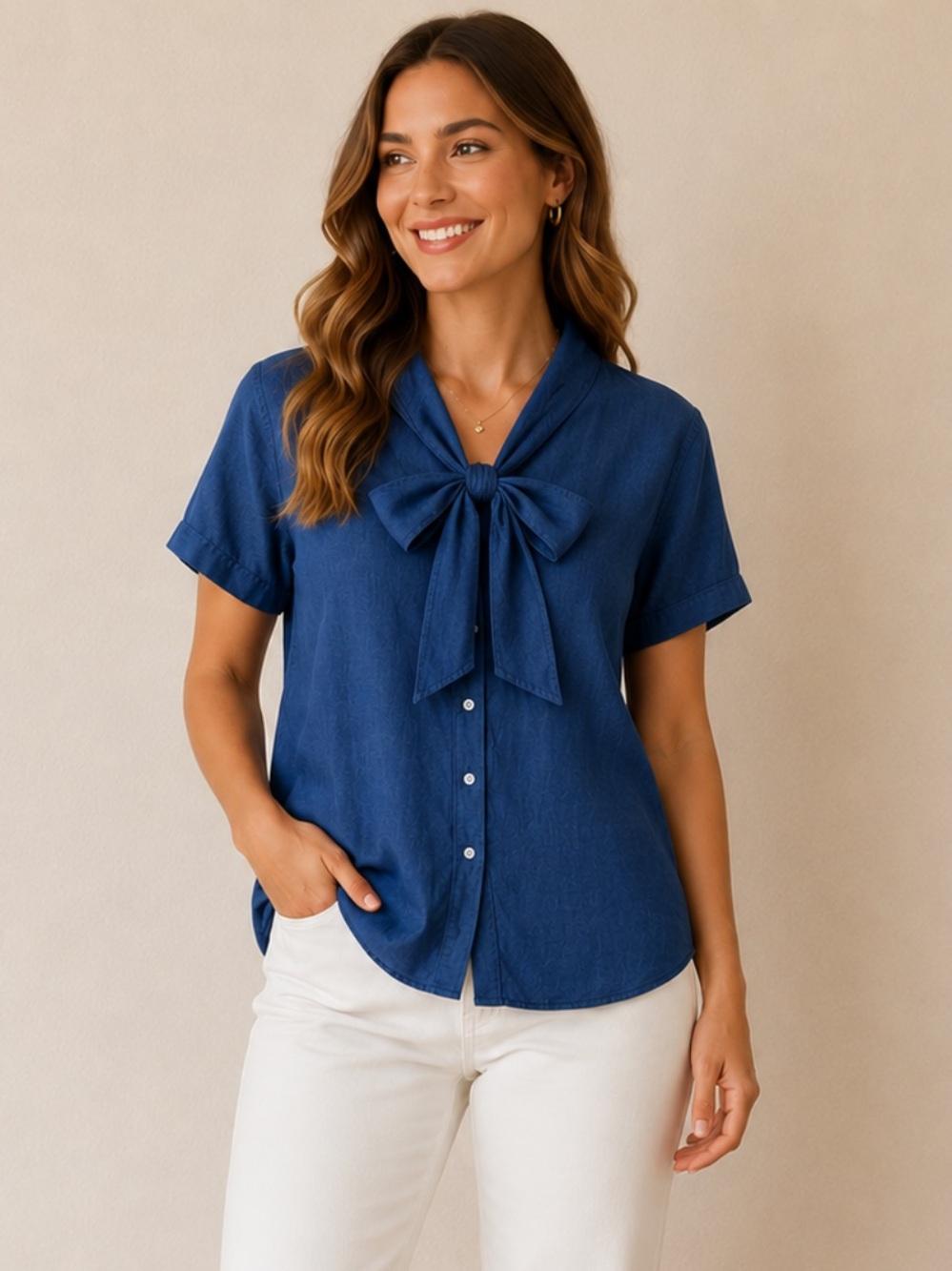 Ann Mashburn Formby Button Down Blue Short Sleeve Shirt Linen Blend Size Medium